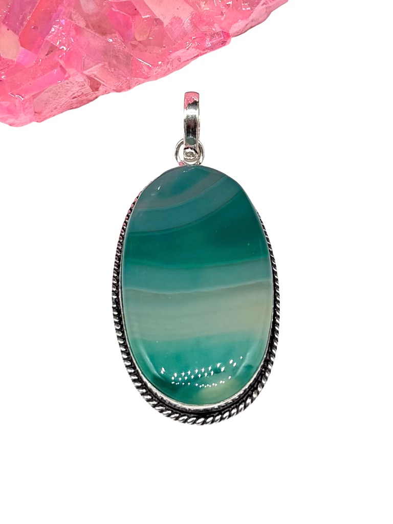 Botswana Agate Necklace Pendant 925 Sterling Silver Overlay Teal Green Aqua